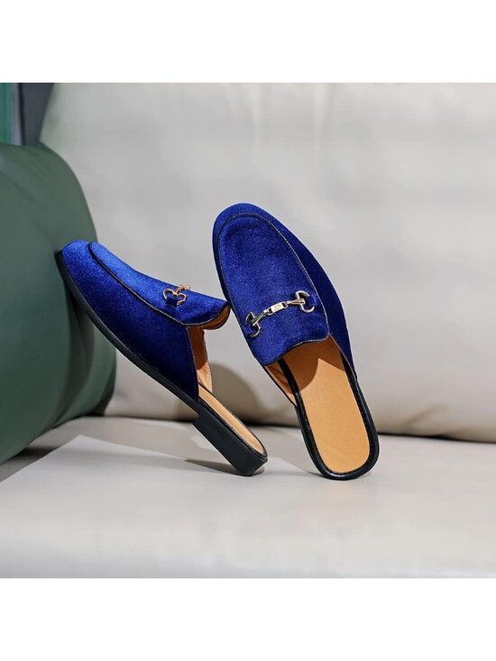 Men\'s Blue Rubber Sole Velvet Leather Gold Buckle Slip On Penny Loafer Slippers main image 4